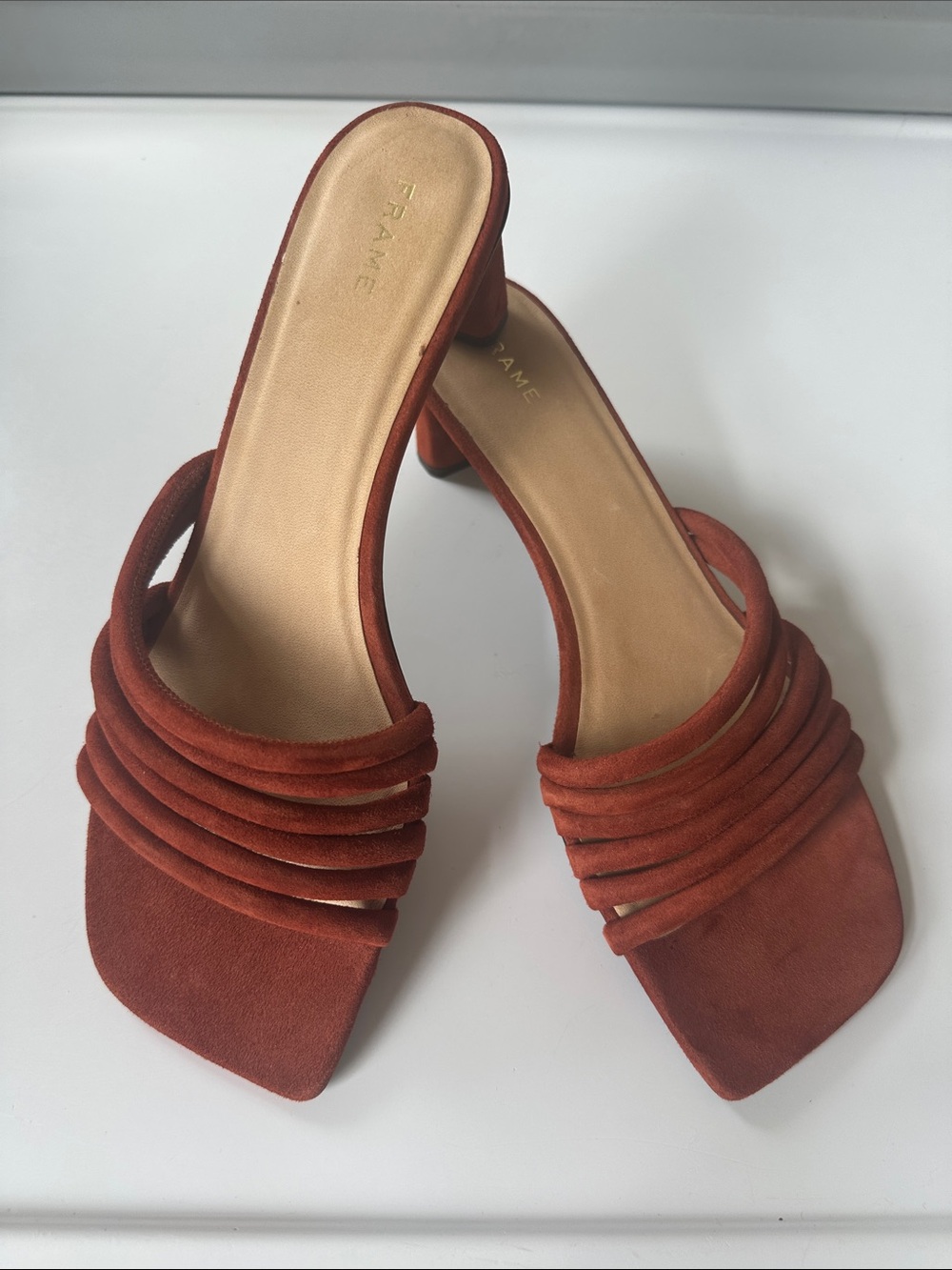 Frame Le Tonga Suede Leather Mules Strappy Sandal EU38.5 US8 Brown Shoes Morocco - Picture 3 of 16
